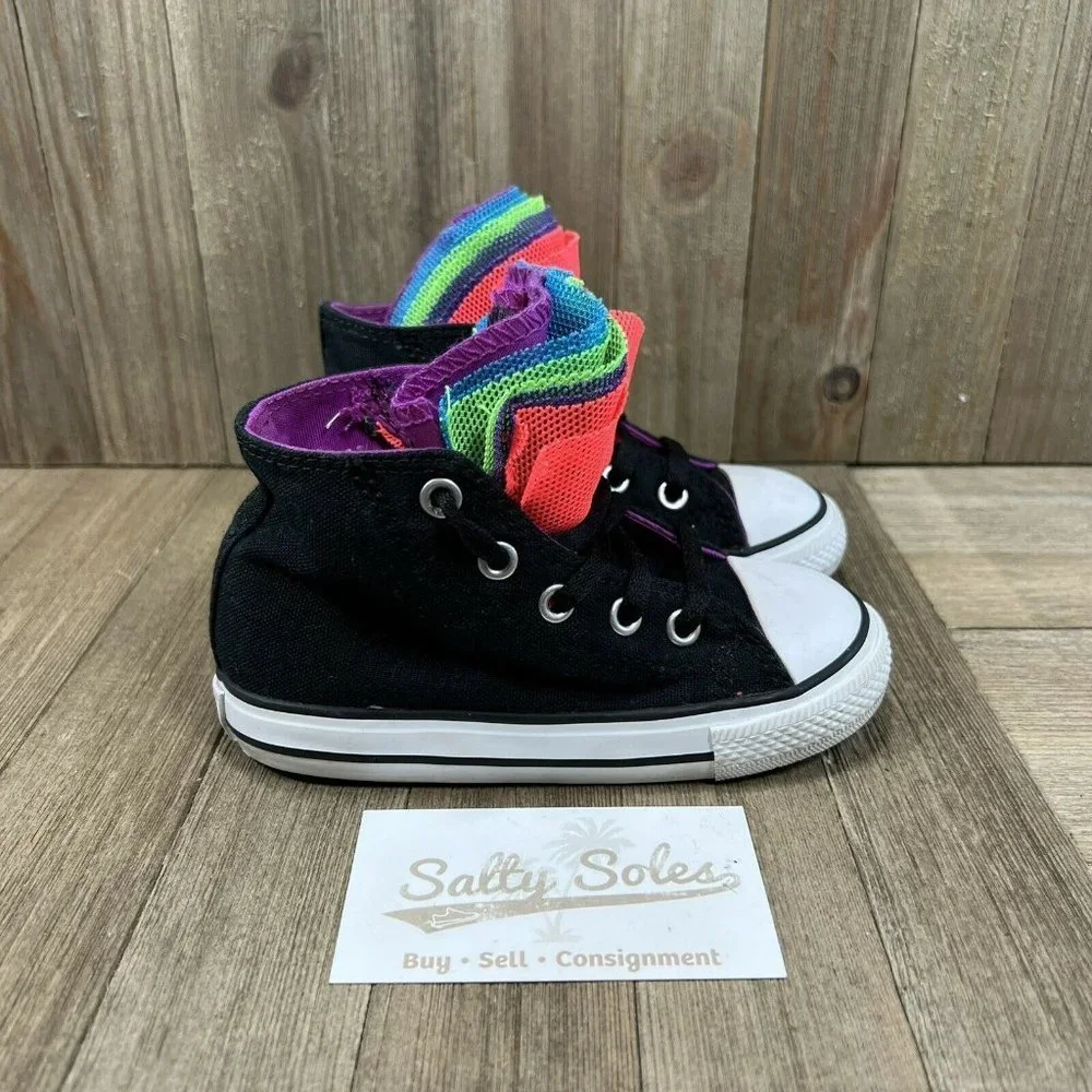 Converse All Star Black Sneakers Shoes Rainbow Tongue Girls High Top Toddler 8C